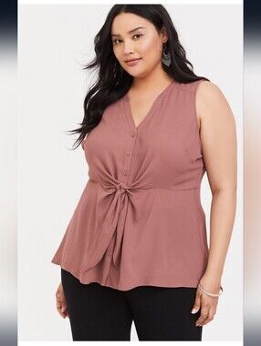 Torrid Plus Size 4x: Button & Tie-Front V-Neck Sleeveless Blouse in Mauve